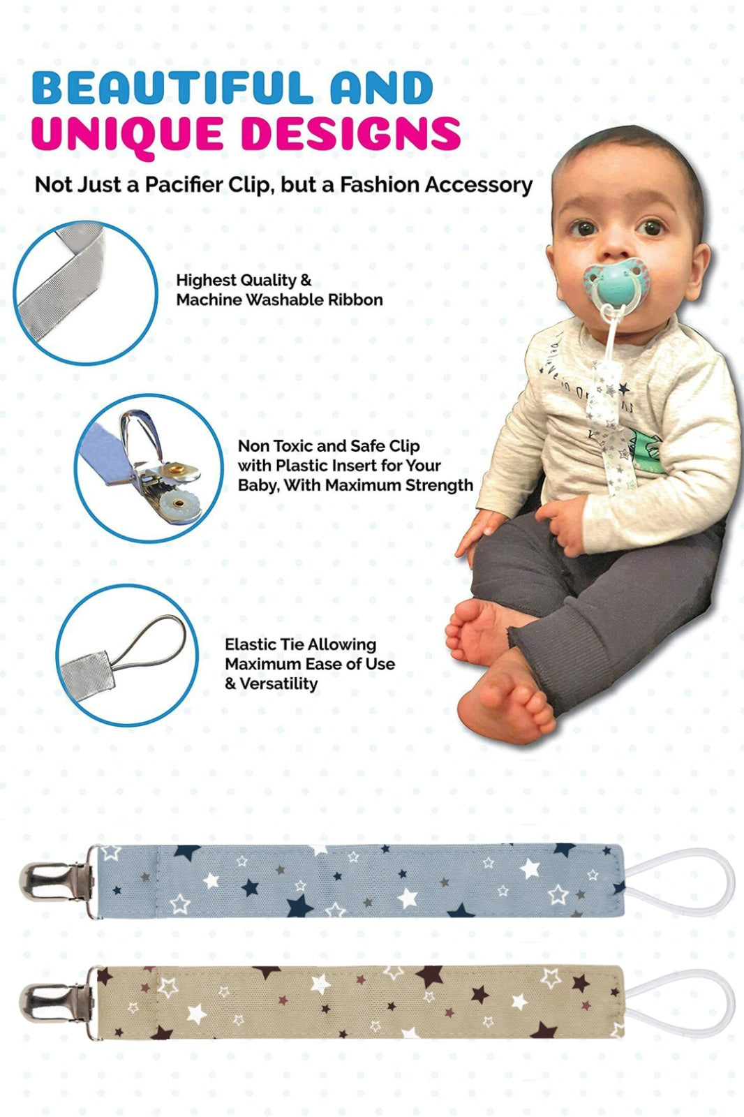 Emzik Askısı, 2’Li Uyumlu Yıldız Desenli Emzik Askısı Paketi, Kumaş Emzik Askısı Klipsi