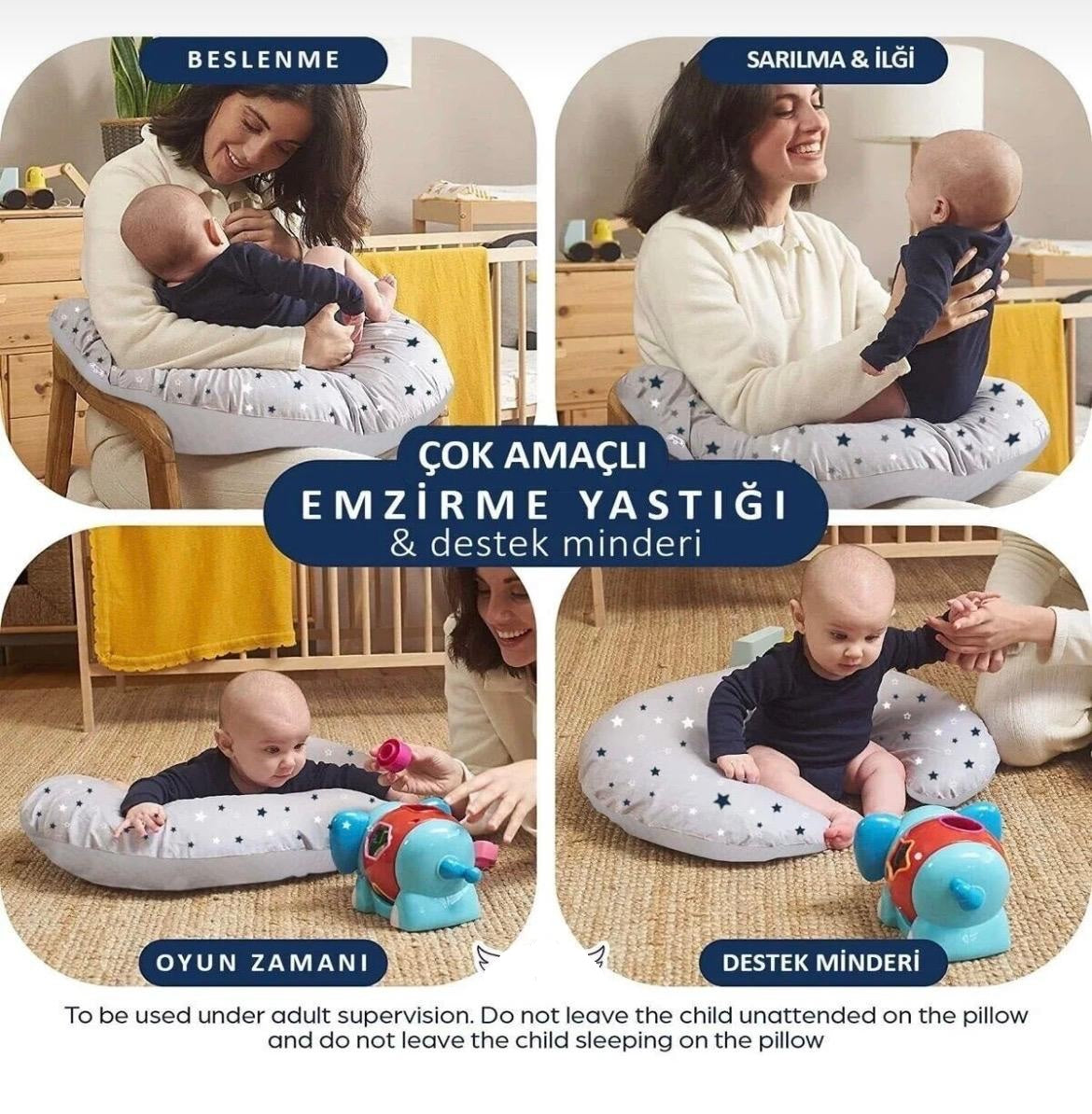 Emzirme Yastığı Ve Destek Minderi, Çift Taraflı %100 Pamuk Kumaş Gri Yıldız Desenli