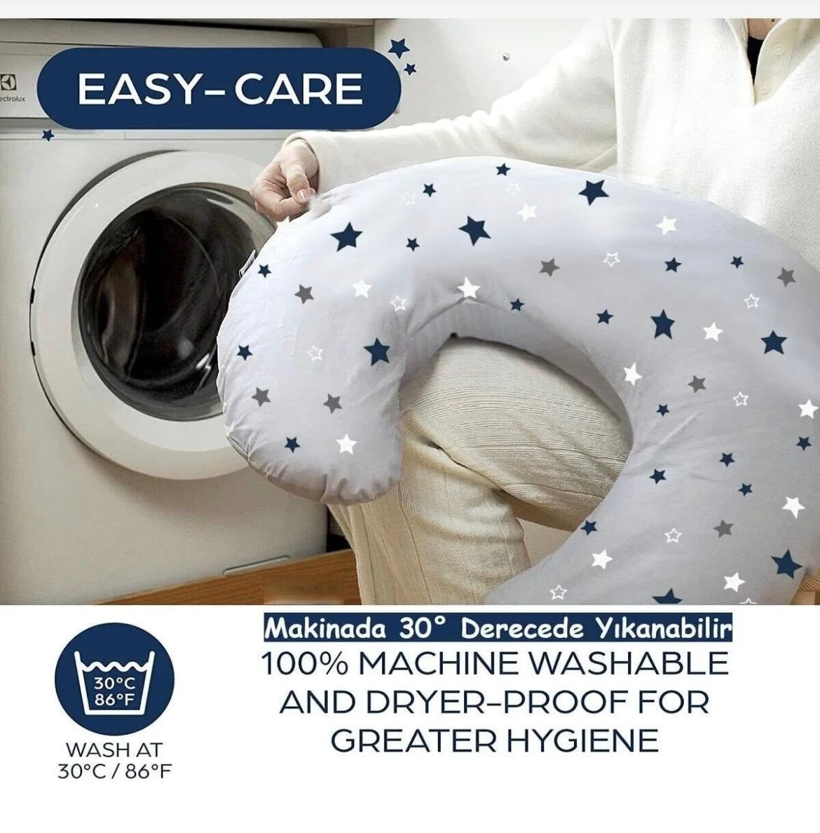 Emzirme Yastığı Ve Destek Minderi, Çift Taraflı %100 Pamuk Kumaş Gri Yıldız Desenli