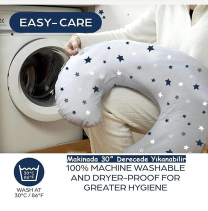 Emzirme Yastığı Ve Destek Minderi, Çift Taraflı %100 Pamuk Kumaş Gri Yıldız Desenli