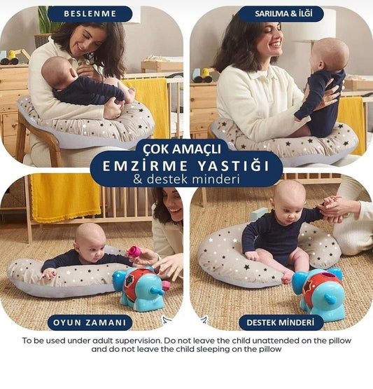 Emzirme Yastığı Ve Destek Minderi, Çift Taraflı %100 Pamuk Kumaş Krem Yıldız Desenli