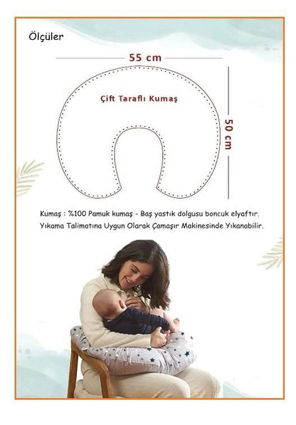 Emzirme Yastığı Ve Destek Minderi, Çift Taraflı %100 Pamuk Kumaş Krem Yıldız Desenli