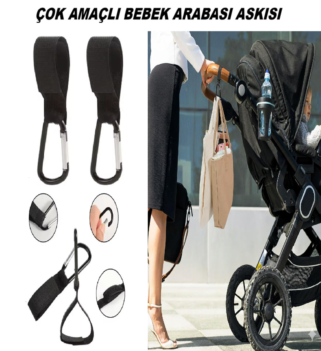 Bebek Arabası Askısı, Bebek Arabası Askıları ve Kancaları, Ayarlanabilir Bebek Arabası Karabina