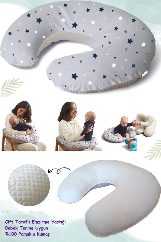 Emzirme Yastığı Ve Destek Minderi, Çift Taraflı %100 Pamuk Kumaş Gri Yıldız Desenli