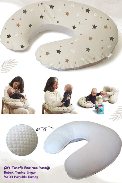 Emzirme Yastığı Ve Destek Minderi, Çift Taraflı %100 Pamuk Kumaş Krem Yıldız Desenli