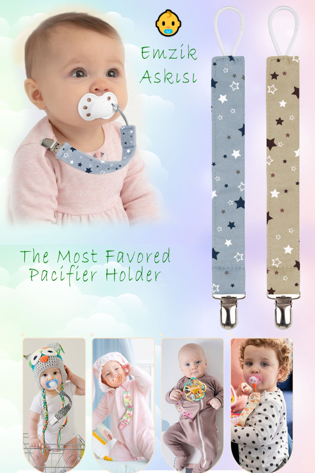 Emzik Askısı, 2’Li Uyumlu Yıldız Desenli Emzik Askısı Paketi, Kumaş Emzik Askısı Klipsi