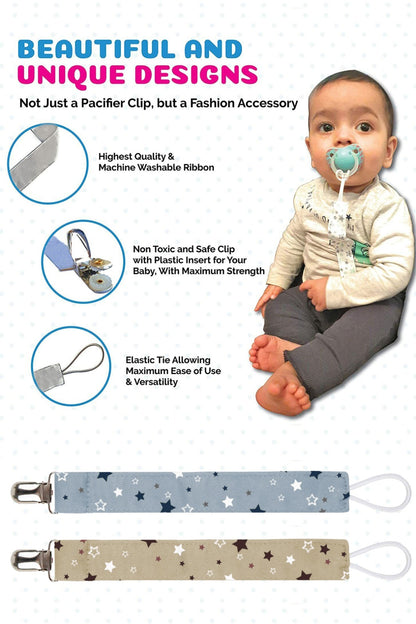 Emzik Askısı, 2’Li Uyumlu Yıldız Desenli Emzik Askısı Paketi, Kumaş Emzik Askısı Klipsi